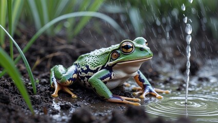 Obraz premium Common frog resting on damp soil after sprinkler irrigation