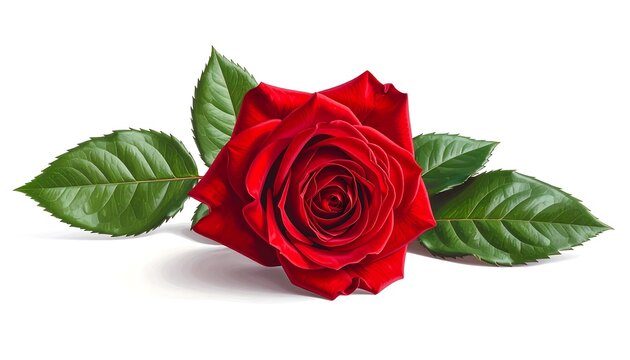 A vibrant red rose with lush green leaves rests elegantly against a white backdrop.