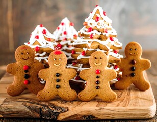 Festive gingerbread cookies, decorated with icing and candies, arranged like a miniature Christmas scene