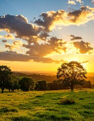 Fototapeta premium Golden sunset over grassy hills