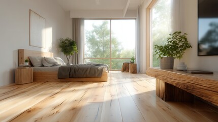 Obraz premium Minimalist Bedroom With Natural Decor and Light Wood