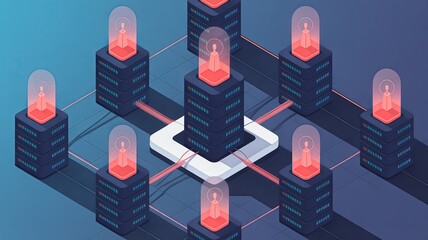 Isometric illustration of a network of servers connected to a central processing unit hub
