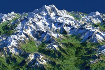 A breathtaking view of snow-capped mountain peaks, valleys, and lush green landscapes.