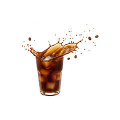 Dynamic Iced Coffee Splash with Coffee Beans on White Background - AI Generated