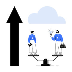 Two professionals balanced on scales exchanging ideas with a glowing bulb large arrow symbolizing growth and blue cloud background. Ideal for teamwork, innovation, success, equality, professional