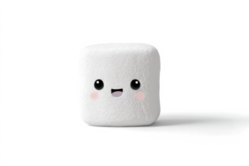 A cute, fluffy white marshmallow with a happy face, complete with rosy cheeks, is centered on a clean white background.