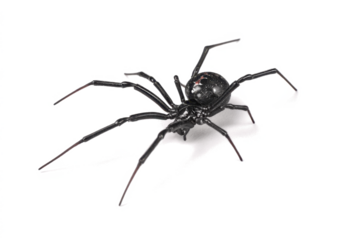 Close-up studio shot of a black spider with long, slender legs on a clean white background, viewed from an elevated angle.