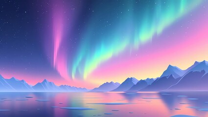 Naklejka premium Aurora borealis over a tranquil lake reflecting mountains and stars