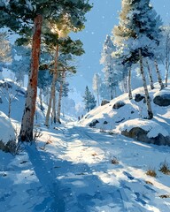 A gentle snowy forest glade is painted in soft blue tones with light shimmering through frosted trees evoking a tranquil and dreamlike winter atmosphere
