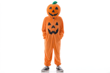 A person dressed in a vibrant orange pumpkin costume with a smiling jack-o'-lantern face, standing against a white background.
