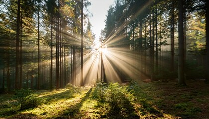 Obraz premium Sun Rays Shining Through Trees Nature Background
