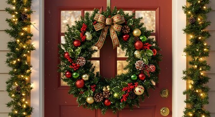 Christmas wreath hanging on a red door with garland lights on the sides of the door frame outside home