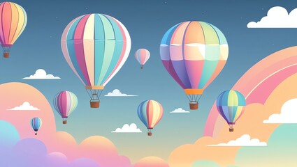 Colorful hot air balloons float in a pastel sky with clouds and a rainbow