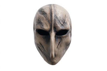 A close-up, front-facing studio shot of a beige and black alien-like mask with dark eye sockets and a prominent nose.