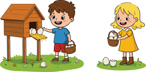 Happy children collecting fresh chicken eggs from wooden coop, farm lifestyle illustration, kids holding basket, rural countryside, agriculture, organic farming, cartoon © Hey There