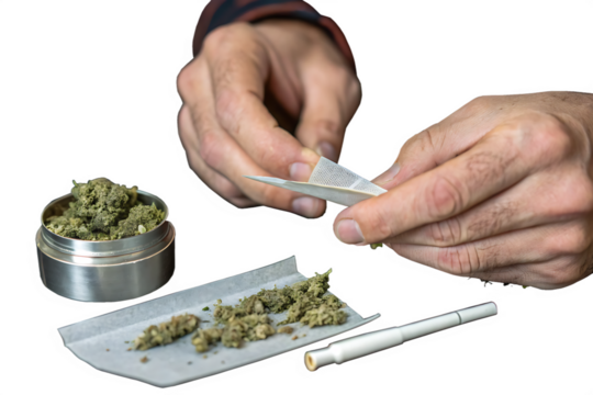 Preparing a joint and drug paraphernalia concept theme with close up man hands rolling a joint with herb girder to grind  On Transparent White Background