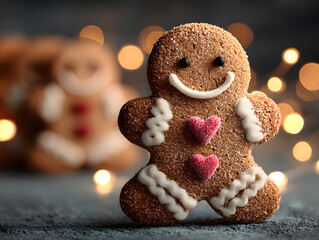 Gingerbread man. Festive background with smiling gingerbread man cookies over blurred bokeh background, copy space. Happy winter holidays concept. Merry Christmas and Happy New Year banner