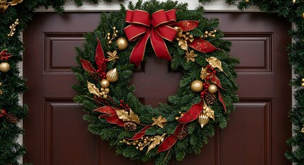 Festive christmas wreath adorns a brown door with red ribbons and golden ornaments for holiday cheer