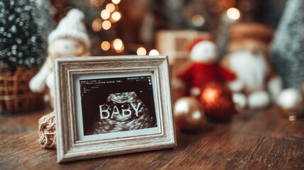 A beautiful ultrasound photo announcing a new baby, surrounded by festive decorations, evoking joy and anticipation of family moments to come during the holidays.