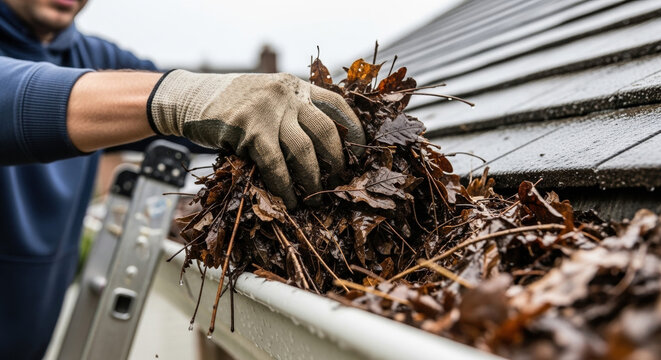 Man cleaning leaves from gutter while using gloves on rooftop  