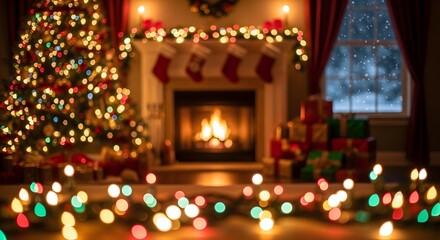 Cozy christmas scene with a decorated tree, fireplace, stockings, and gifts, background