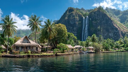 Picturesque waterfront huts nestled along a tranquil bay, with a dramatic waterfall cascading down a lush mountainside, creating a serene and vibrant tropical paradise.