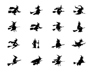 Silhouette of witches flying on broomsticks. Halloween themes.