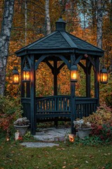 A charming gazebo with warm autumnal lighting, nestled in a peaceful garden setting.