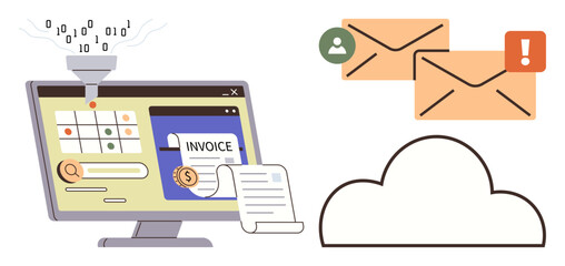 Computer screen generating invoices and analyzing data, cloud storage symbol, and email notifications. Ideal for finance, automation, cloud computing, data management, billing, alerts digital