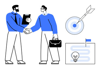 Two professionals shake hands, one with a briefcase a clipboard, target with dart, and strategic map nearby. Ideal for collaboration, business partnerships, agreements, planning, success goal