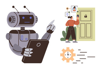Robot holding tablet while woman uses facial recognition to unlock smart door. Ideal for AI, technology, security, automation, smart home, innovation, safety. Simple flat metaphor
