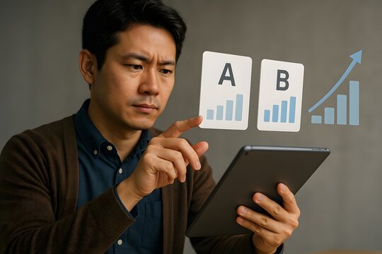 Man choosing option A or B on a tablet. 