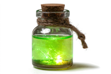 A small glass bottle with a cork stopper contains glowing green liquid.