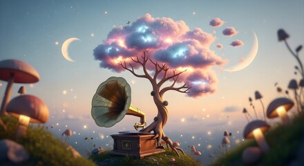 Dreamy landscape with gramophone, mushroom and cloud tree under crescent moon
