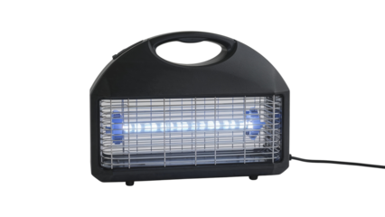 Black plastic bug zapper with blue light for insect control and elimination in homes and outdoors. Isolated on transparent background, png