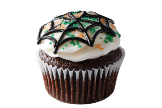 A single chocolate Halloween cupcake with white frosting, a black spiderweb design, and green and orange sprinkles, isolated on a white background.