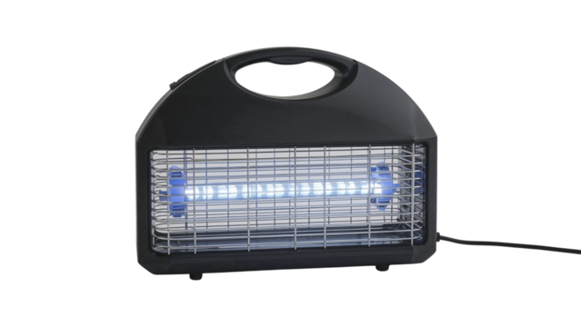 Black plastic bug zapper with blue light for insect control and elimination in homes and outdoors. Isolated on transparent background, png