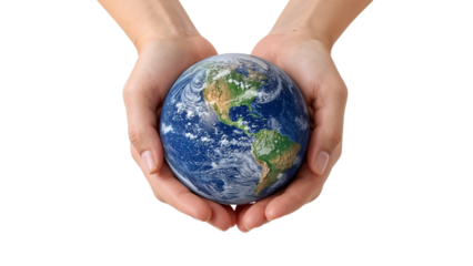 Hands holding Earth: symbolizes protection, global care, nurturing, and environmental stewardship. Isolated on transparent background, png