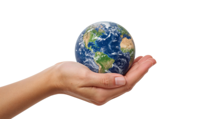 Earth globe cradled in a hand, symbolizing global care & sustainability. Isolated on transparent background, png