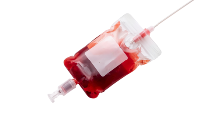 Blood bag on black backdrop, angled with tubing and ports, Isolated on transparent background, png