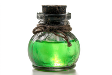 Small glass bottle with a cork stopper, tied with twine, filled with a bright green liquid.