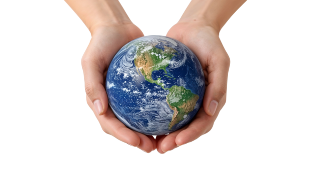 Hands holding Earth: symbolizes protection, global care, nurturing, and environmental stewardship. Isolated on transparent background, png