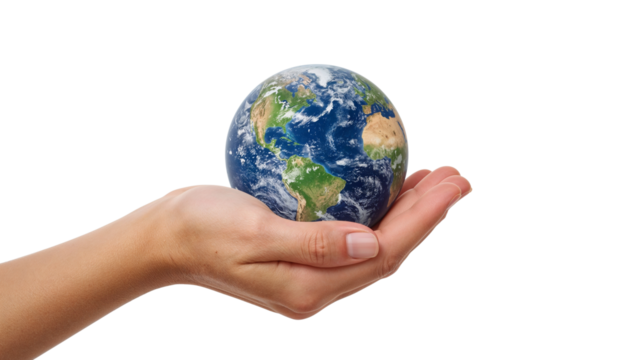 Earth globe cradled in a hand, symbolizing global care & sustainability. Isolated on transparent background, png