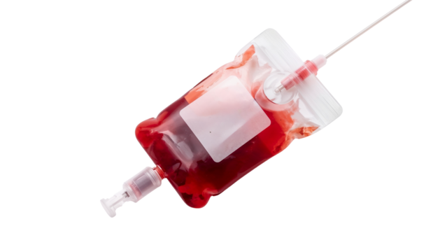 Blood bag on black backdrop, angled with tubing and ports, Isolated on transparent background, png - Powered by Adobe