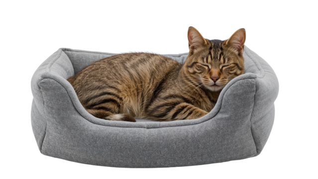 Contented cat naps peacefully in a cozy, plush bed, enjoying a moment of serene comfort and relaxation. Isolated on transparent background, png