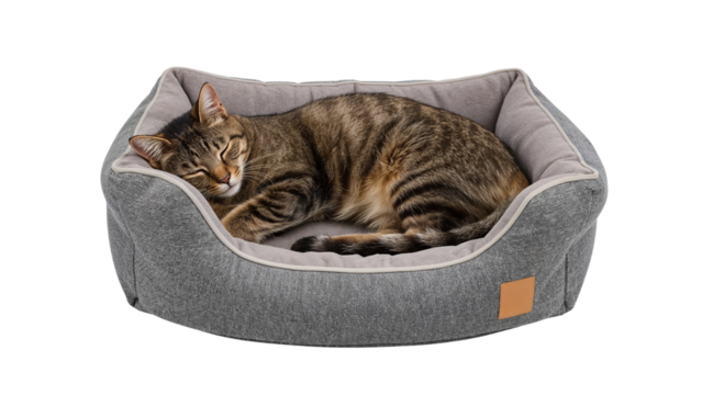 Tabby cat sleeps soundly in a cozy grey pet bed, completely relaxed, eyes closed, striped fur. Isolated on transparent background, png