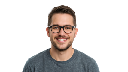 Smiling man with glasses against black background. Portrait. Isolated on transparent background, png