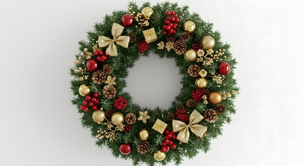 Festive christmas wreath adorned with gold ornaments bows and pine cones on a white background decor