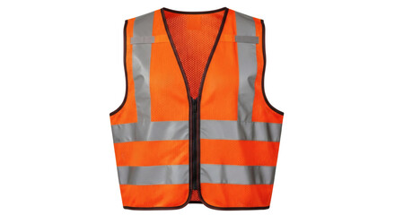Bright orange safety vest with reflective stripes for high visibility in various environments. Isolated on transparent background, png