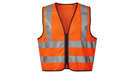 Bright orange safety vest with reflective stripes for high visibility in various environments. Isolated on transparent background, png